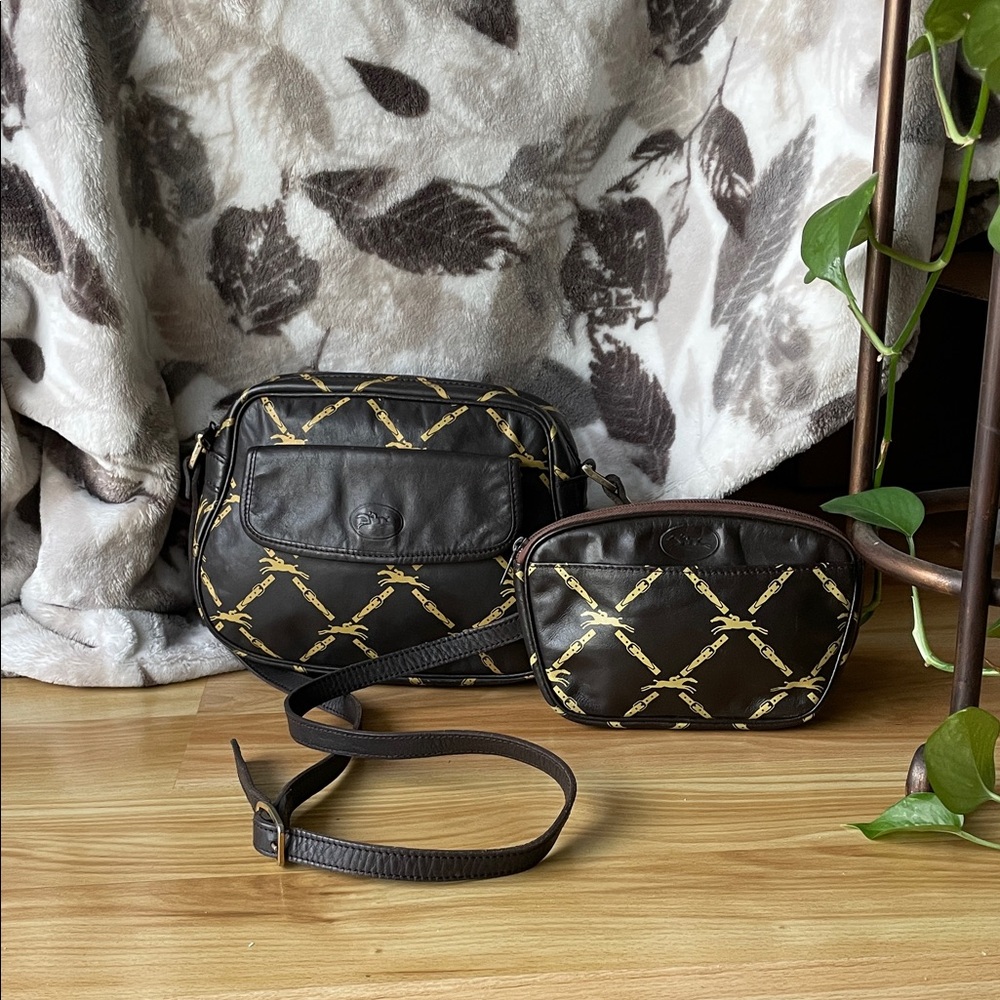 •LONGCHAMP• Vintage Crossbody Bag + Pouch/Clutch >> brown leather >> 2pc LOT
